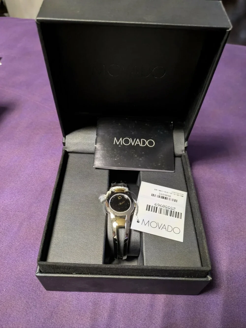 NWT Movado Amarosa Black Dial Two-Tone Stainless Steel and Gold Watch,